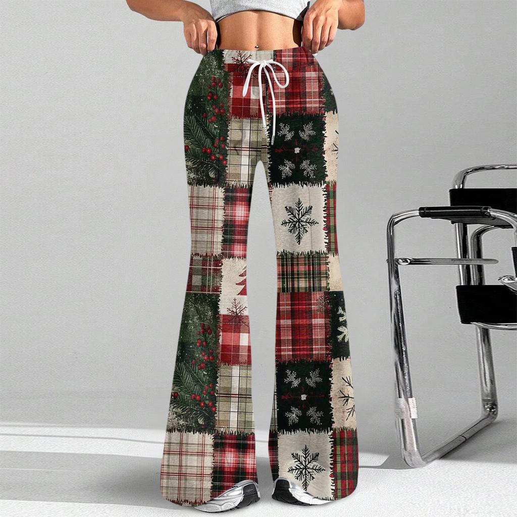 Women's Fashion Loose Drawstring Waist Christmas Plaid Printed Casual Sports Pants Casual Flared Pants