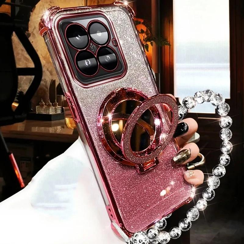 For Xiaomi 14T Pro Crystal Bracelet Glitter Mirror Holder Case for Xiaomi 14T 13T Pro 14C For POCO X7 X6 F6 Pro Shockproof Cover