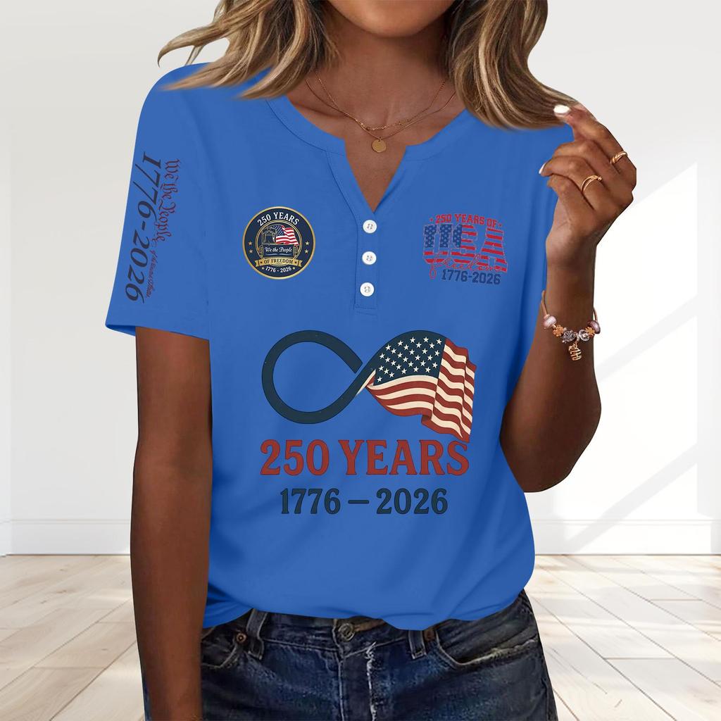 Women's Fashion Casual 250th Anniversary Independence Day Print V-Neck Short Sleeve Decorated Button-Up T-Shirt