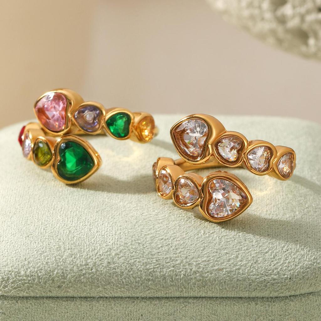 Exclusive Heart-Shaped Zircon Titanium Steel Open Ring for Women - European & American High-End, Non-Fading