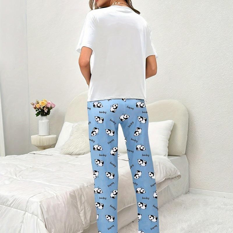 Spot short-sleeved printed pattern short-sleeved trousers pajamas set women s sexy loungewear set XS синий