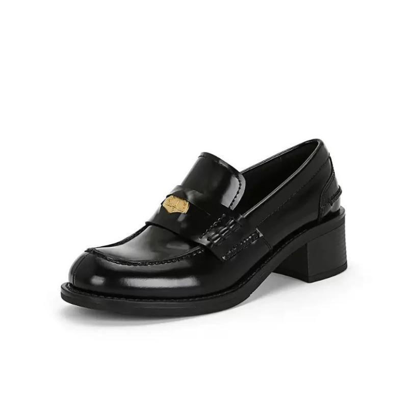 Sheepskin British round head gold coin genuine leather thick sole one pedal thick heel women's small leather shoes