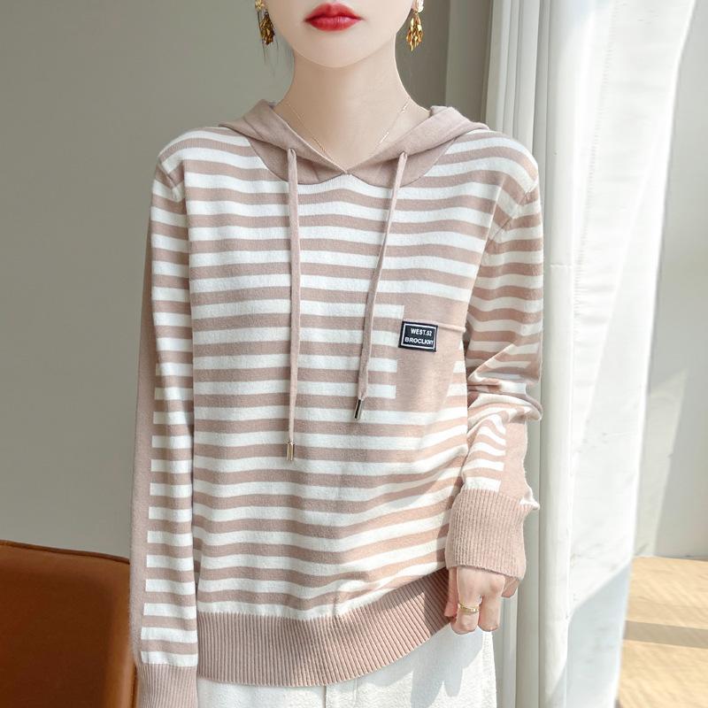 

Полосатый цветной блокирующий повседневный вязаный свитер с капюшоном, женская осенняя мода, модный вязаный свитер XXL