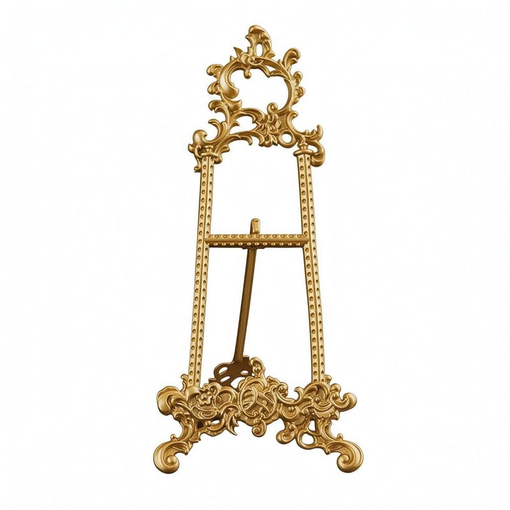 Verzierter Messing-Staffelei-Ständer mit durchbrochener Rollwerk-Display-Halterung, Bogenförmiger Oberteil-Ständer