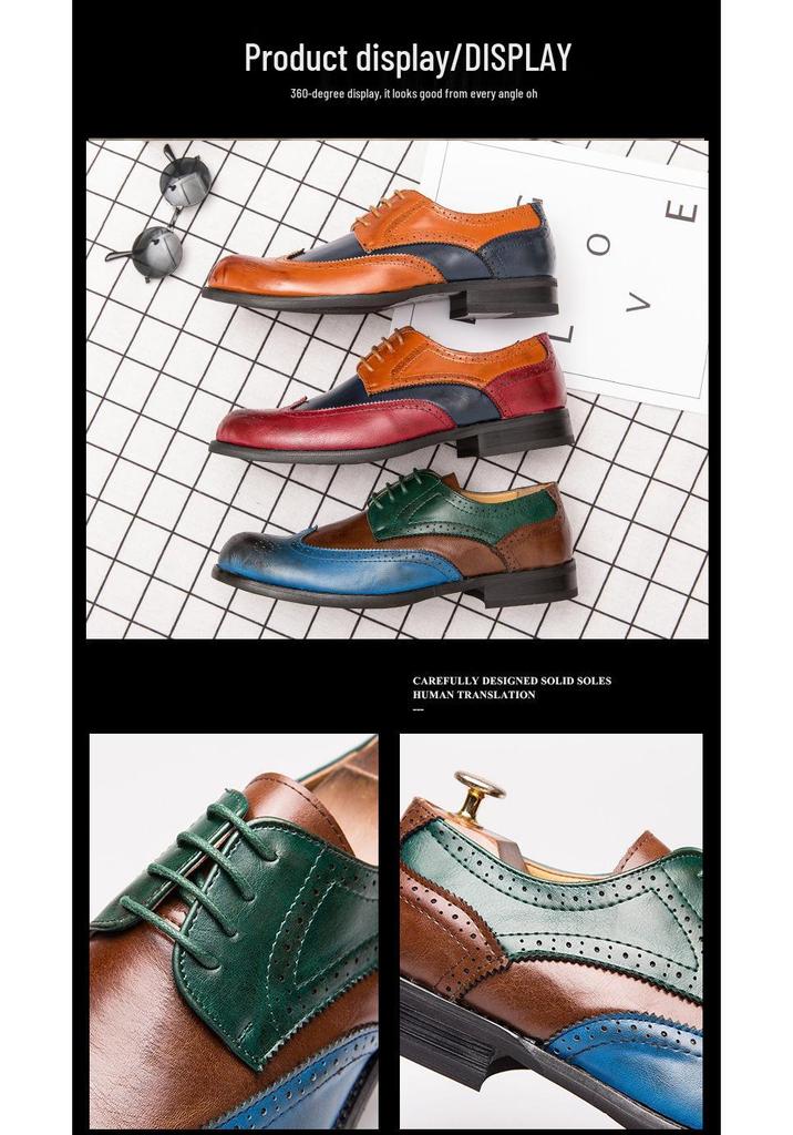 Men's Plus Size Brogue Color Block Leather Dress Shoes - British Style