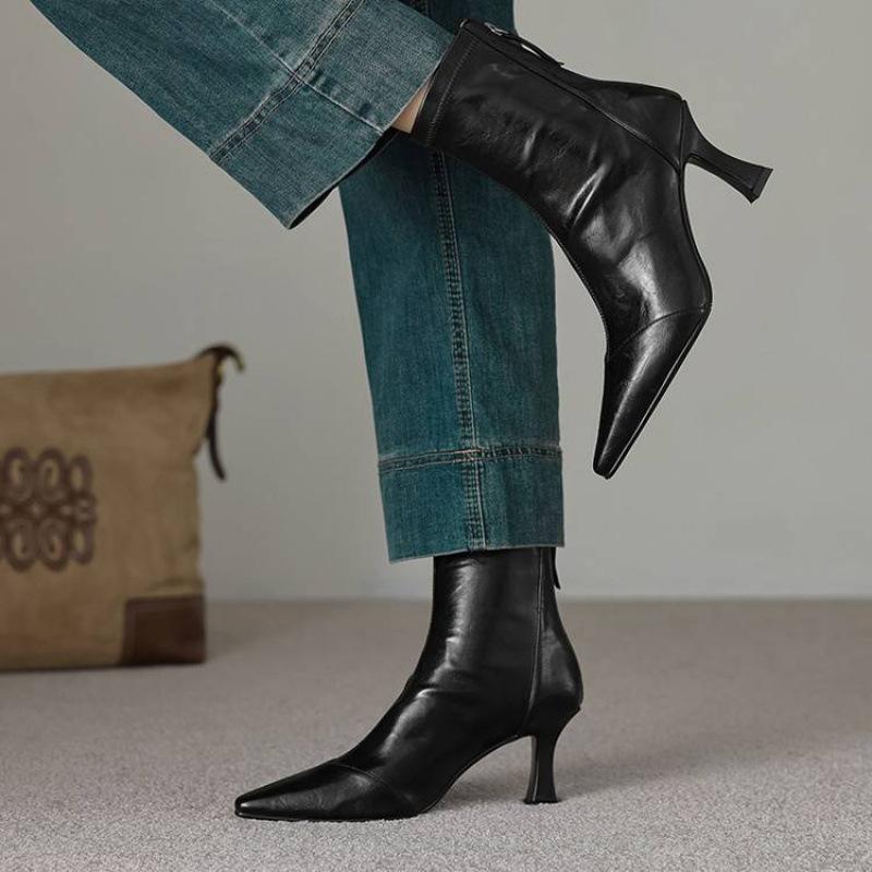 Neue, hochhackige Damenstiefel in großen Größen, mit Reißverschluss hinten, weicher Sohle aus Rindersehnenmaterial, komfortablem Reißverschluss hinten, einfarbigem, vielseitigem Stiletto-Stiefel mit mittelhohem Absatz.