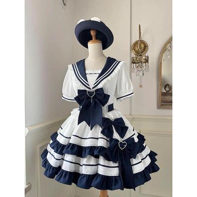 Sladké a jemné Lolita šaty - Styl námořní akademie, Zúžený pas, Nadýchaná sukně, Barevný blokový design