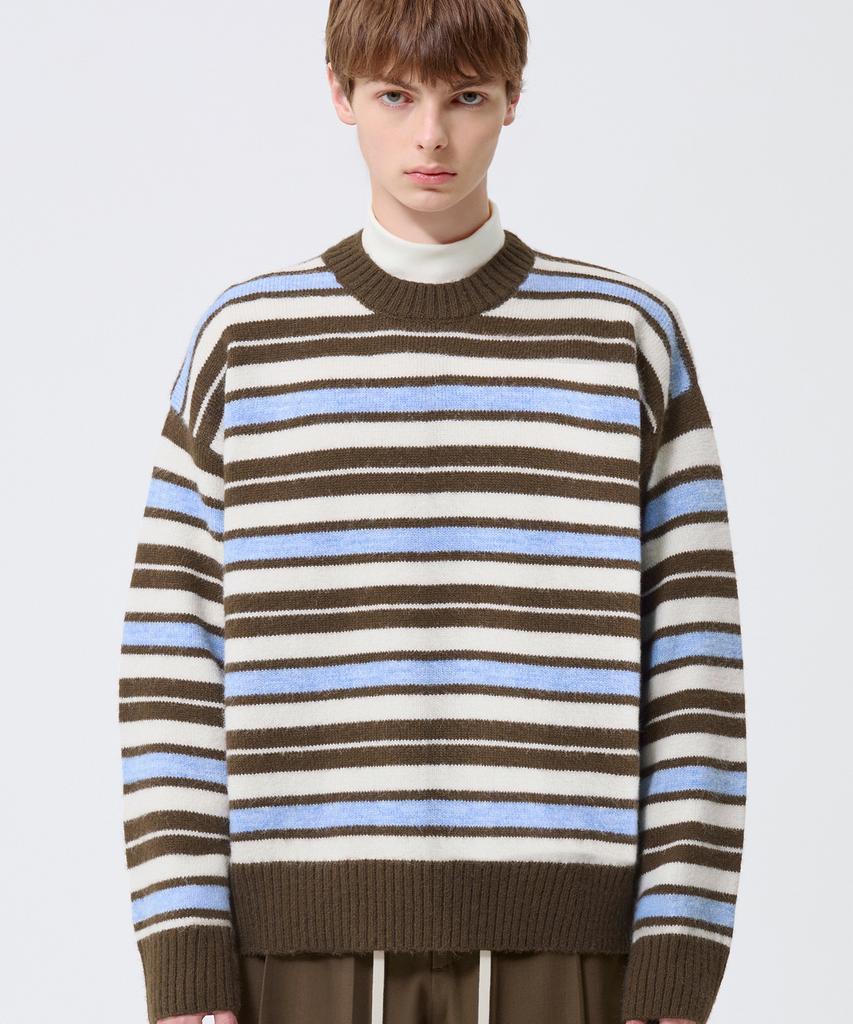 TRILLION Washable Hairy Stripe Crewneck Knit_Brown