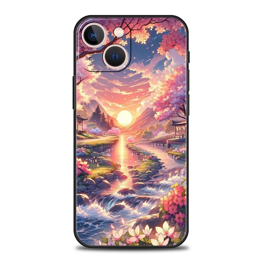 Coque de téléphone Rose Fleurs de Cerisier Printemps Pour iPhone 17 16 15 Pro Max 11 12 13 14 7 8 Plus SE 2020 X XR XS Cover Souple Noir