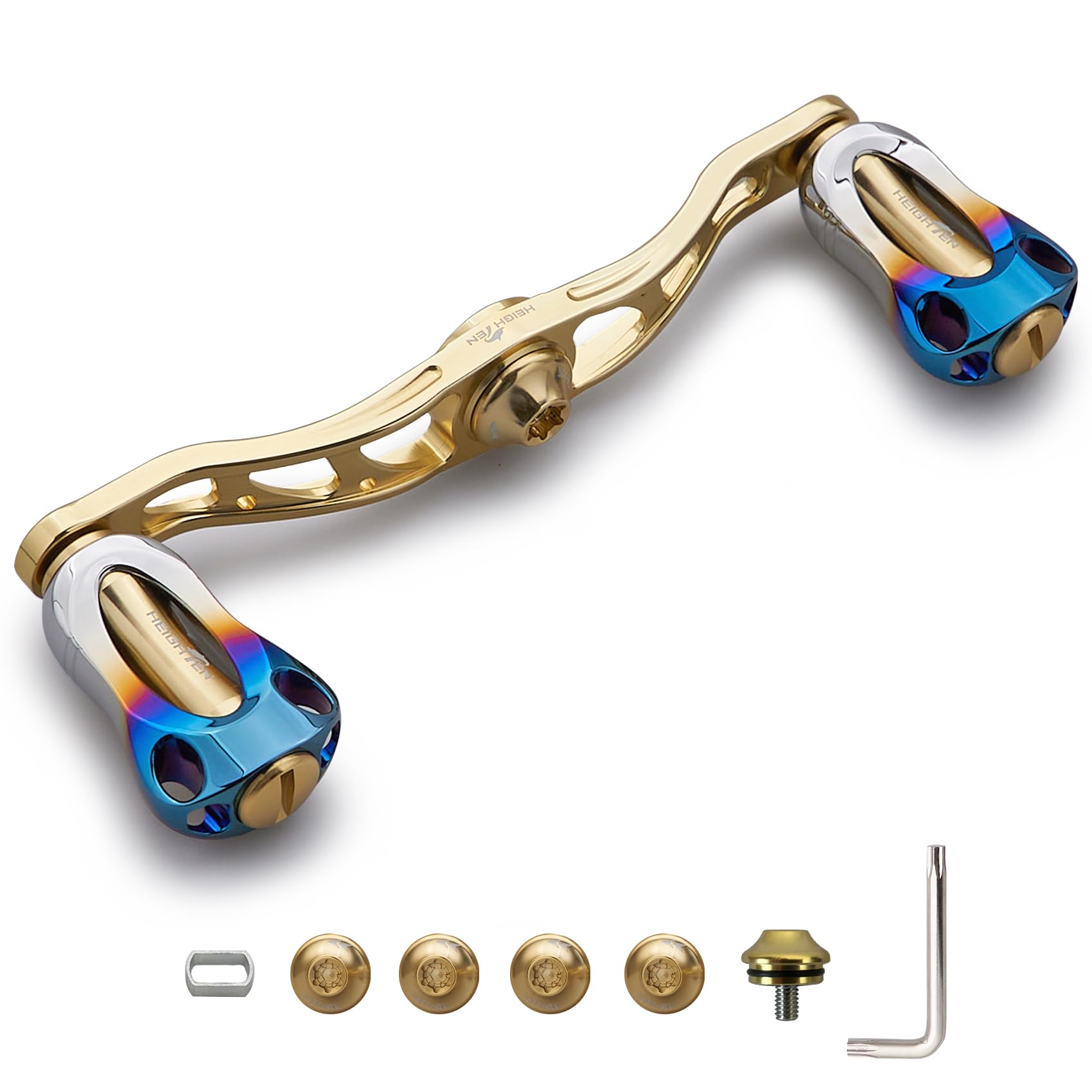 

HEIGHTEN Рукоятка катушки с кнобом 22 мм для универсальных бейткастинговых катушек Abu серии Aurora 88/90/105/115 мм Shimano, Daiwa, (105мм - Золотой) (223)