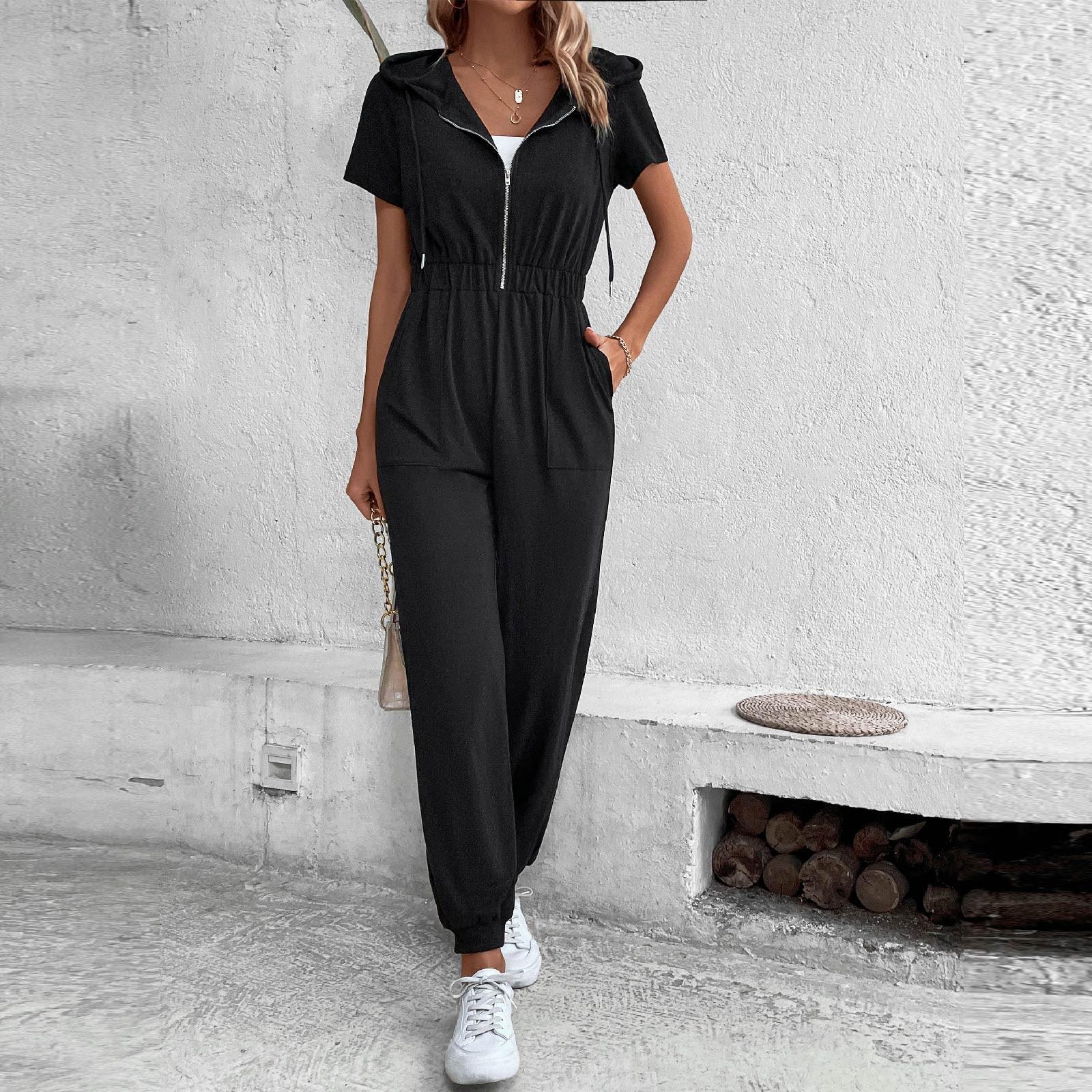 

Женский комбинезон, комбинезон с короткими рукавами и капюшоном на молнии, сплошной цвет, повседневный комбинезон, весенний наряд XL чёрный