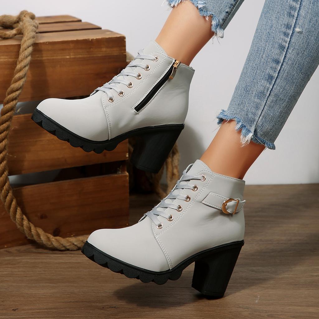 Fashion 2025 New Women Ankle Boots Autumn Winter New Large Size Comfortable Women Shoes Fashion Warm Thick Heel Lace Up High Heels Boots