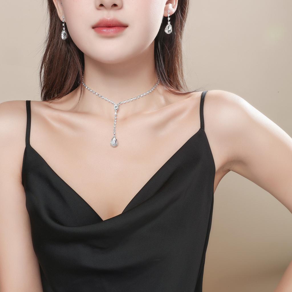 Gem Necklace Fashion Wedding Photography Jewelry Delicate Rhinestone Necklace Earrings Bridal Dress Jewelry Two-piece Set