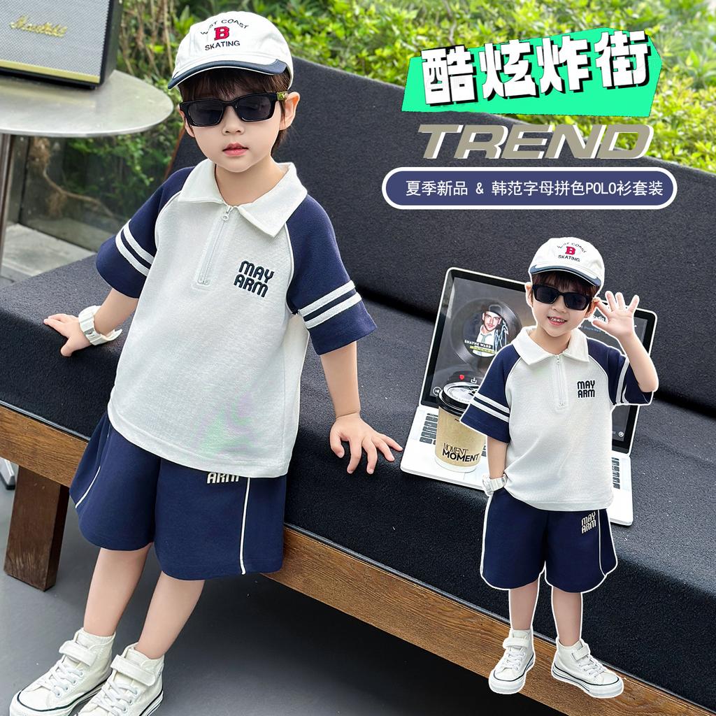 New handsome polo shirt short sleeved two-piece set for boys' summer sports suit, stylish boys' summer suit