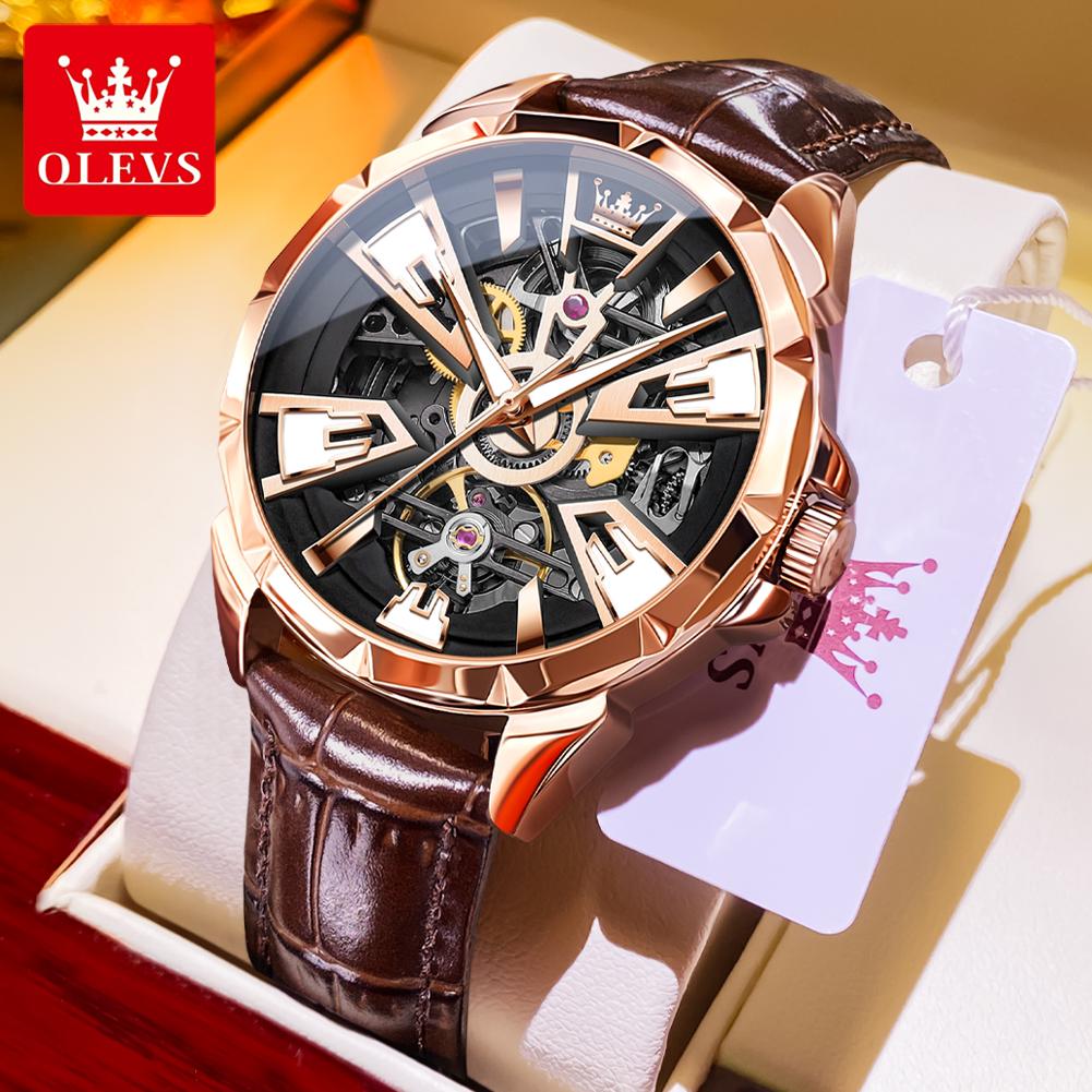 OLEVS New Skeleton Automatic Man Watch Original Leather Strap Hollowed Fashion Men's Mechanical Watch Waterproof Watches for Men