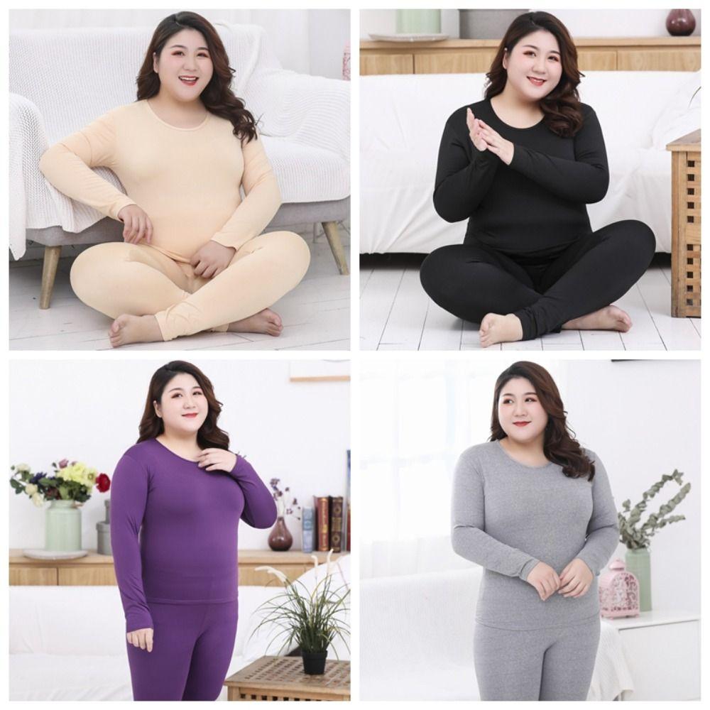 Long Sleeve Oversized Thermal Underwear Solid Color Long Johns Set Women  Winter