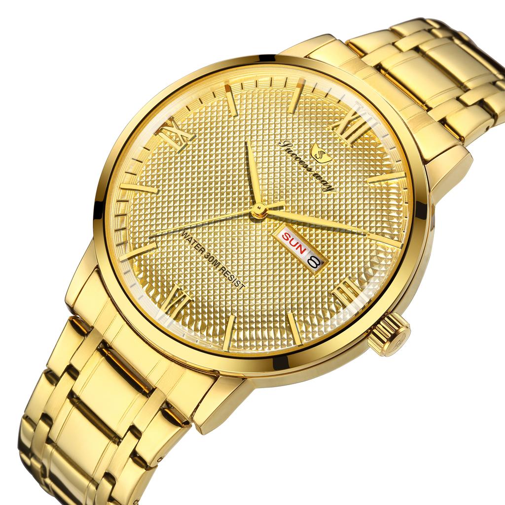 New high end elegant business steel strip men's quartz watch waterproof double calendar Roman numeral men's quartz watch