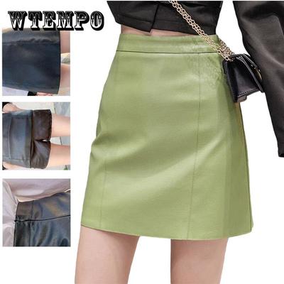 Sexy Leather Skirt Glossy PU Leather Women's Short Solid Zipper Mini Skirt Mid Waist A-line Skirts
