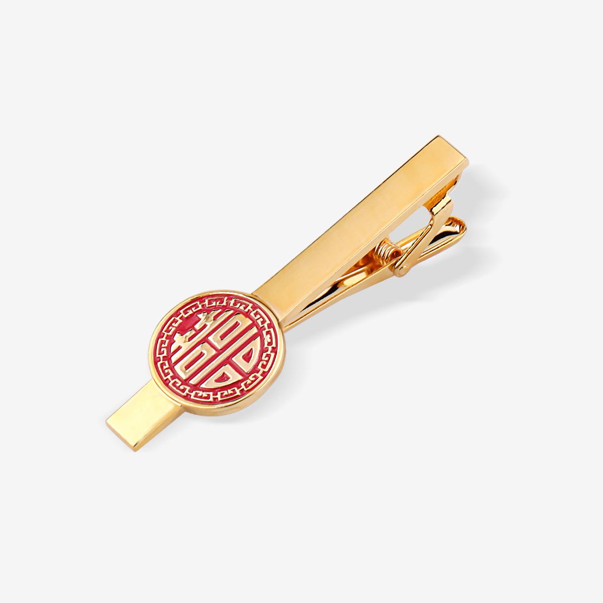 Wedding Double Happiness Cufflink & Tie Clip Set - Groom s Gold Silver Red Hollow Round Design