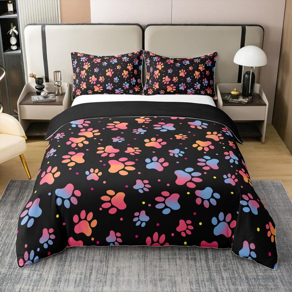 Dog Paw Print Duvet Cover Set Queen Size, Bone Pattern Bedding Set 3pcs For Kids Teens Room Decor, Pet Animals Comforter Covers