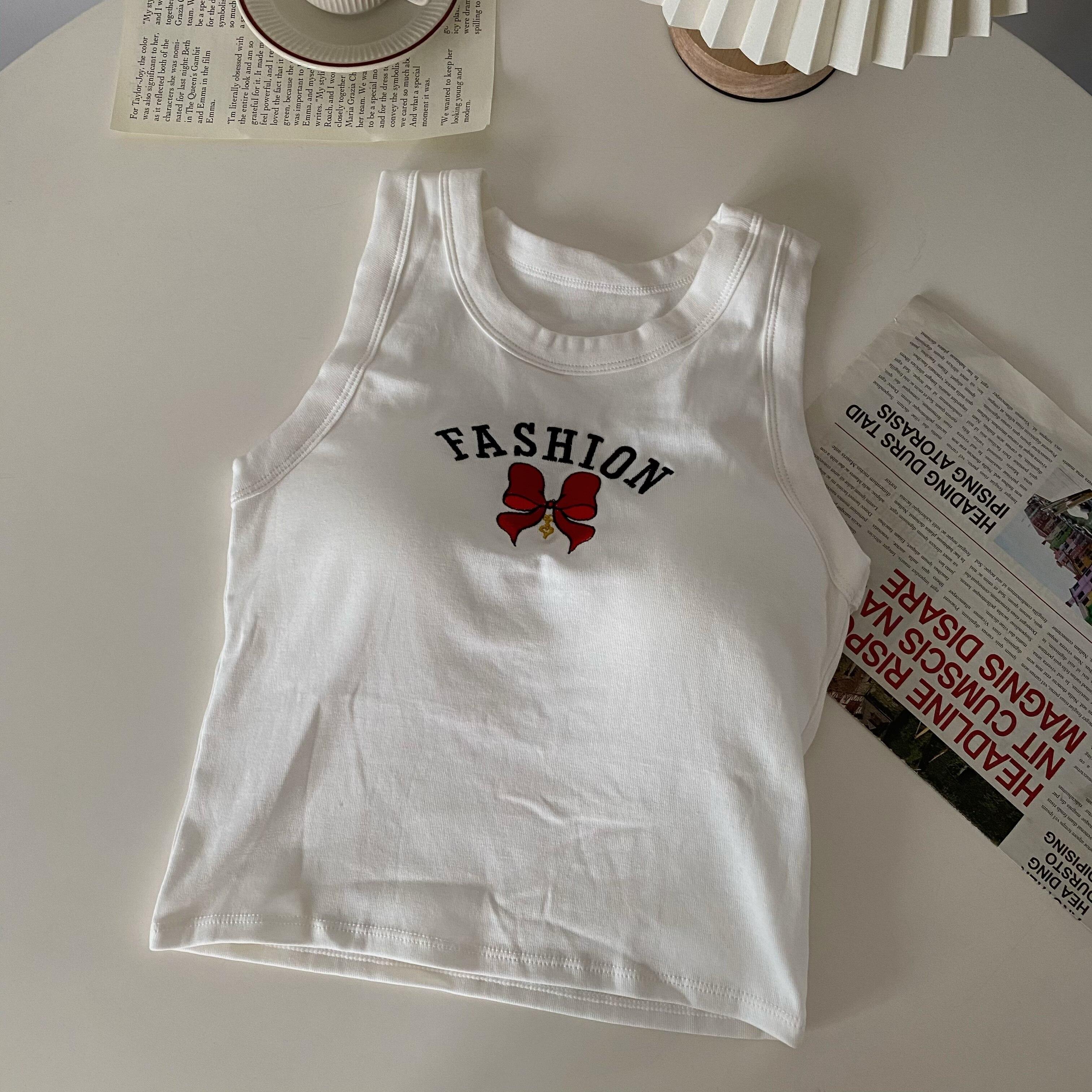 

ITOOLIN Хлопковые женские топы для бега с бюстгальтером и круглым вырезом с бантом и буквенным принтом, однотонные эластичные топы на бретелях, женские топы One Size белый