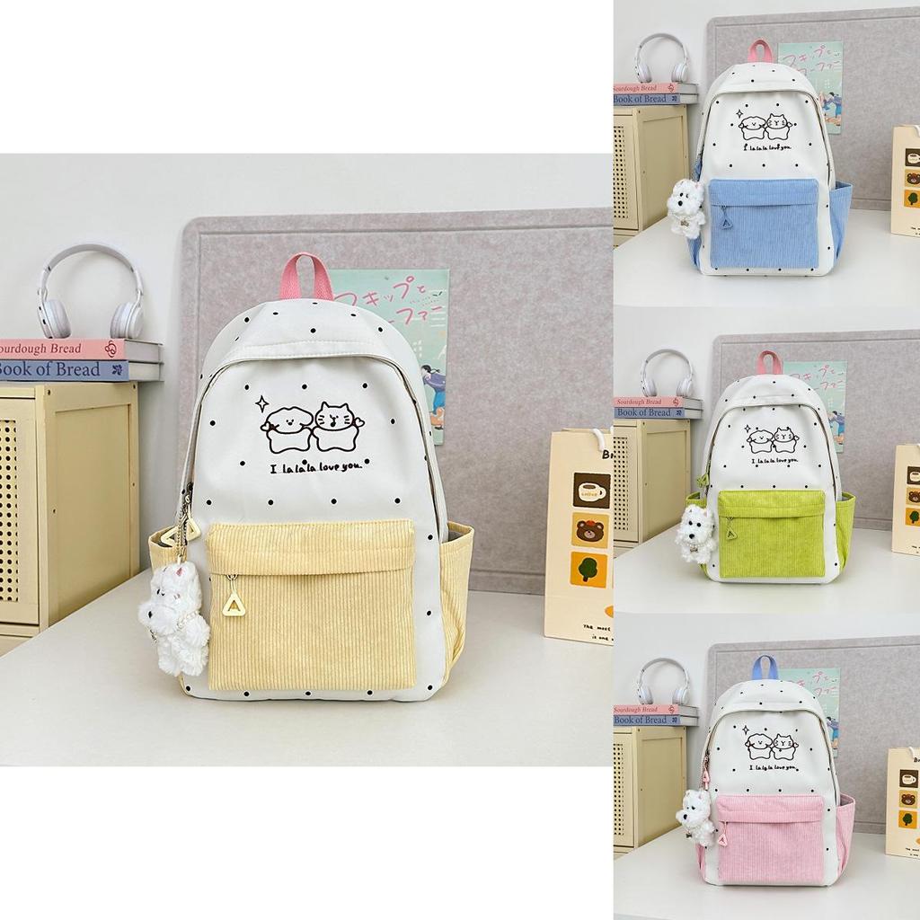Soft Girl Dot Pattern Nylon Backpack With Cartoon Puppy And Polka Dot Print Designfor Teens And Adults