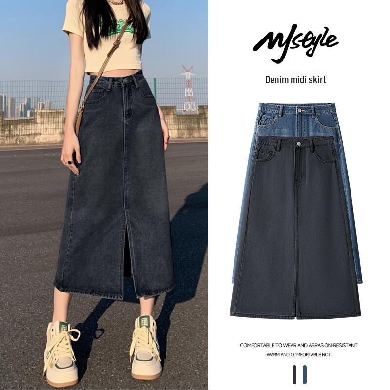MJ STYLE Women s High-Waist A-Line Denim Midi Skirt with Slit L