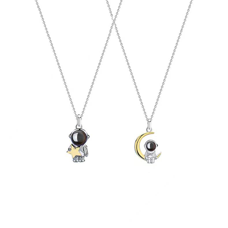 S925 Sterling Silver Astronaut & Star Moon Pendant Necklace - Trendy Japanese Korean Style for Women