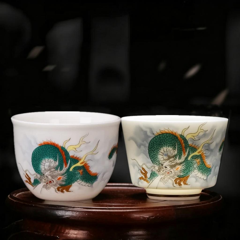 Jade Porcelain Kung Fu Teacups 2 Pcs Set, Creative Pattern Tea Espresso Wine Cups, Household Ceramic Teaware, Drinkware