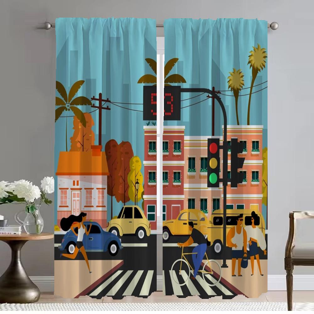 City Road Cartoon Window Curtain for Room 2 Panel Home Interior Curtains 2 Pieces Shades Tulle for Bedroom Partition Living