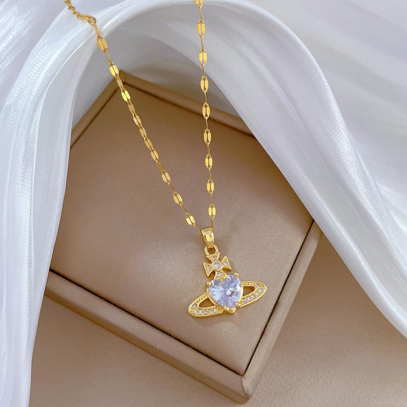 Titanium Steel Planet Love Light Luxury Temperament Full Diamond Necklace Women'S Versatile Clavicle Chain Titanium Steel Chain