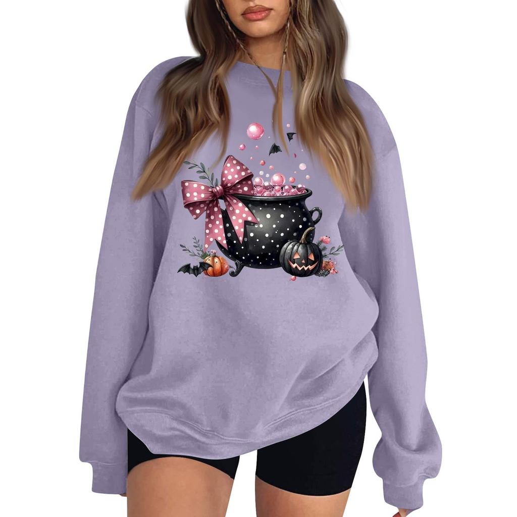 Women's Neck Long Sleeve Casual Loose Fit Sweatshirt Pullover with Color or Small Halloween Print