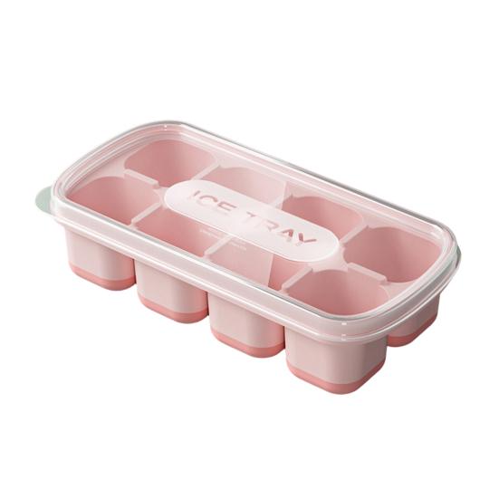 Ice Cube Tray with Lid for Freezer, Stackable Flexible Bottom 8 Compartments Ice Tray, Easy Release, Stackable Food Grade Ice