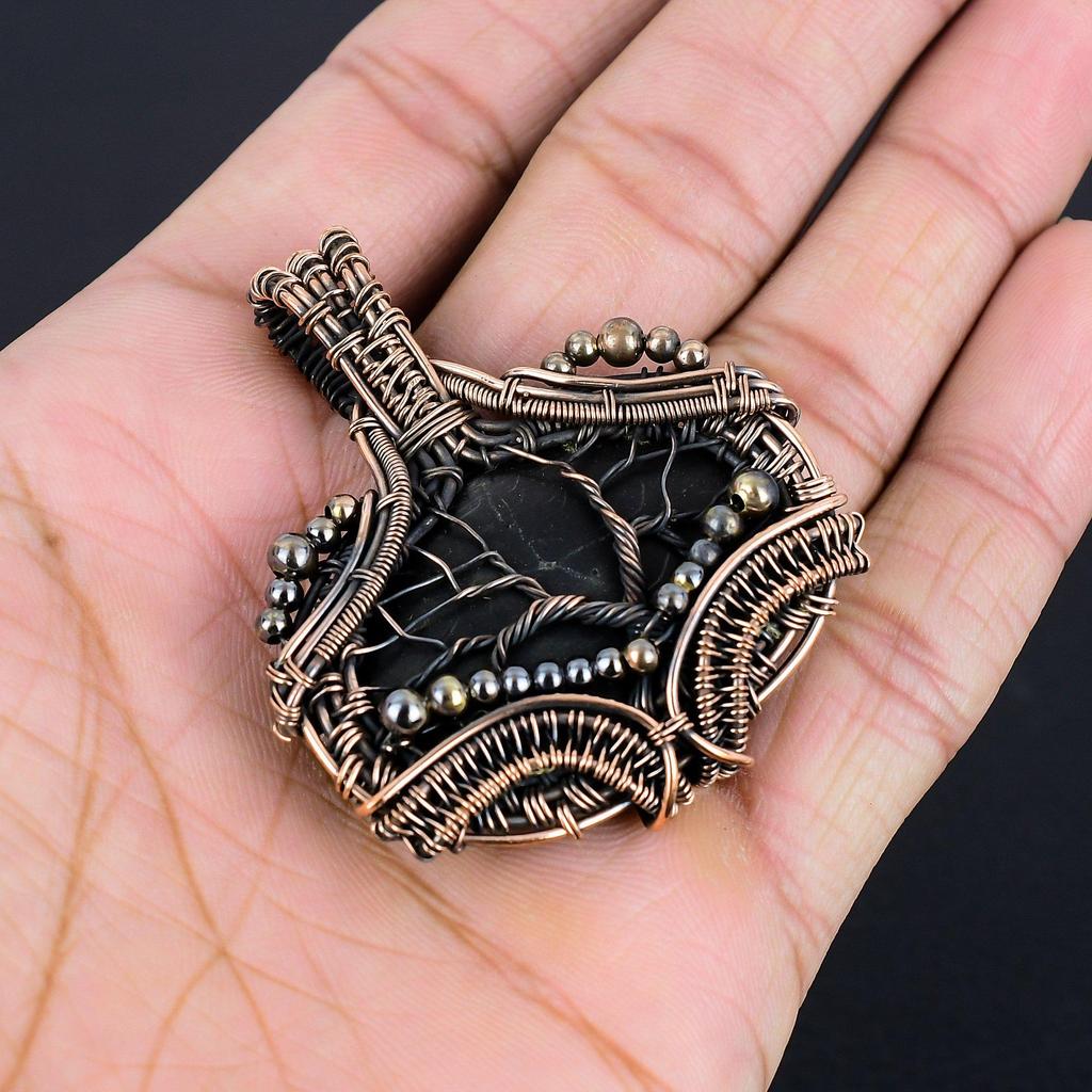 Shungite Pendant, 999 Copper Wire Wrapped Gemstone Jewelry, Handmade Pendant, For Thanksgiving