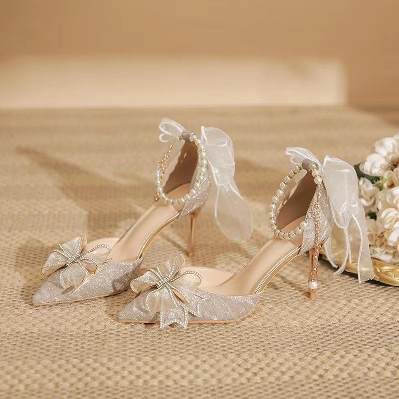 High heels new pointed sequins bow hollow shoes adult wedding shoes bridal shoes pointed single shoes