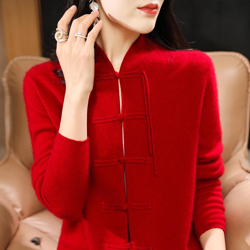 Cardigan de lână de sine stătător în stil chinezesc pentru femei Toamna și Iarna Top tricotat nou din cașmir Jachetă de lână cu nasturi retro versatilă