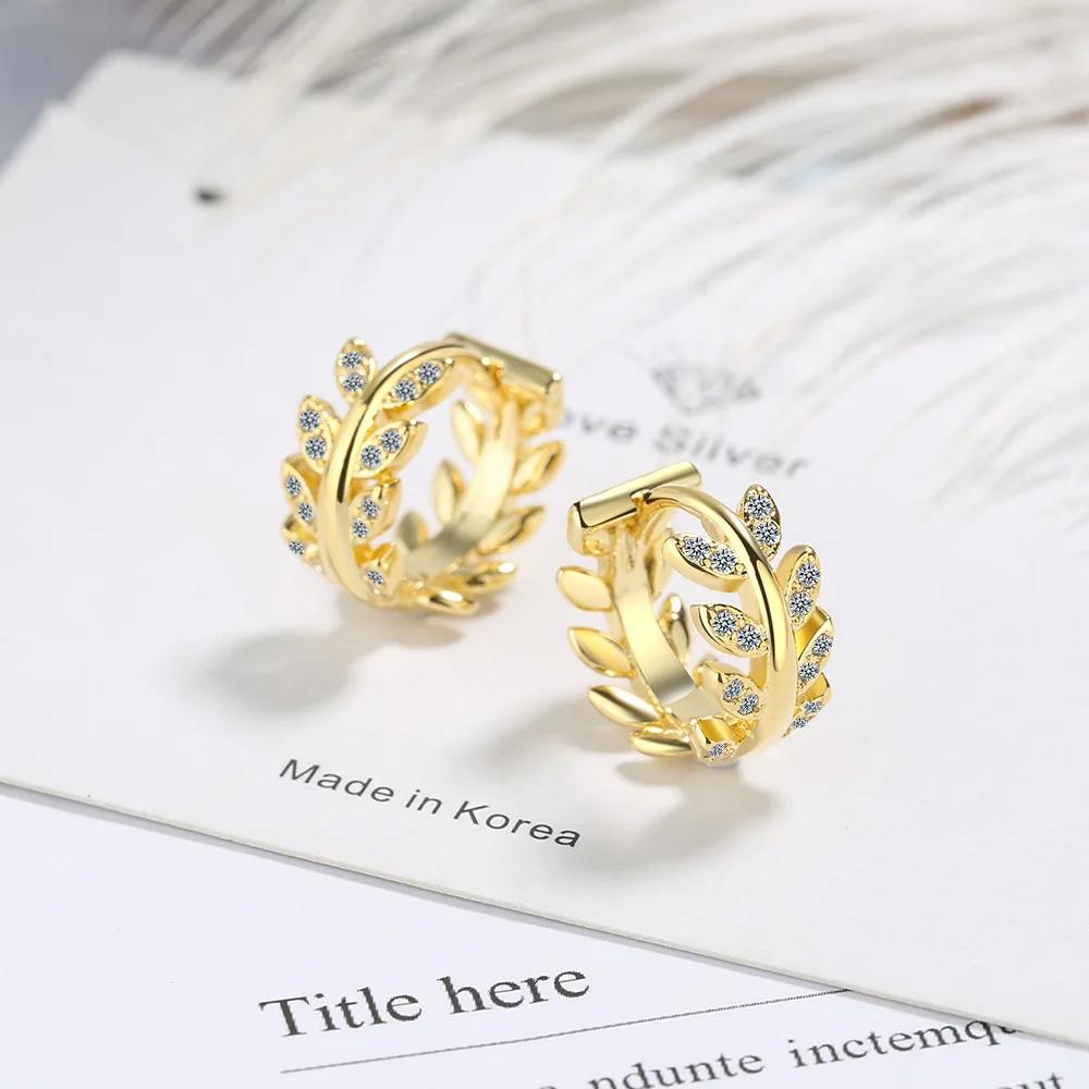 SALES Fine Wedding Jewelry Gold with 925 Sterling Silver New Crystal Olive Branch Earring Korean Leaf Hoop Earrings for Women