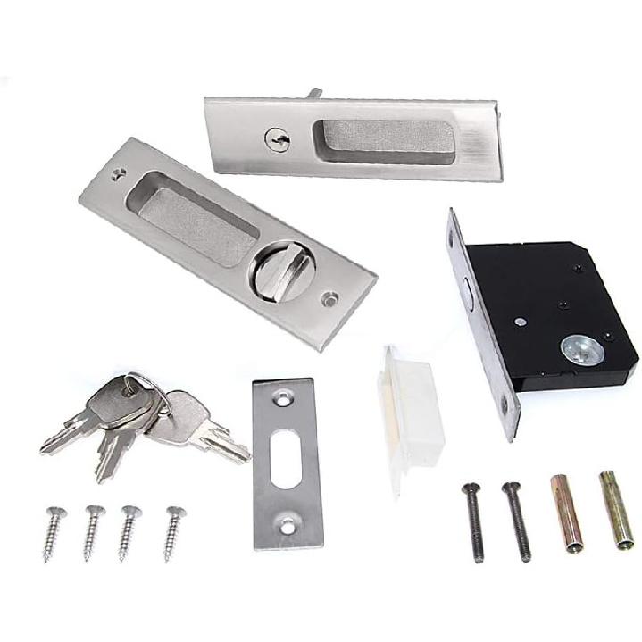 LWZH 6.3" Brushed Silver Privacy Pocket Door Lock Hardware, Invisible Recessed Handle Latch with Keys, Sliding Door Mortise Lock, Double Barn Door