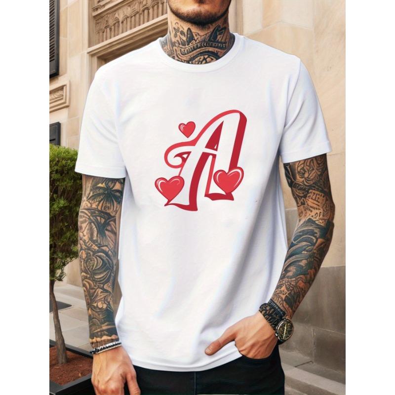European Size Men's Casual Summer Short Sleeve T-Shirt- Chestnut Solid Color with Red Heart Letter A Pattern Print, Round Neck Regular Fit
