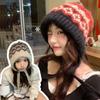 Retro Striped Knitted Woolen Hat Thickened Windproof Beanie Cap Ethnic Style Cold-proof Strap Ear Protection Hat for Women