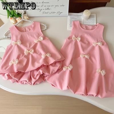 Children's Set Summer Korean Girls' Bow Sleeveless Vest+shorts Casual Dress