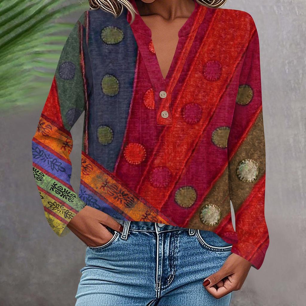 Women's Fashionable And Casual Shirt Long Sleeve V-neck Button Printed Blouse Top