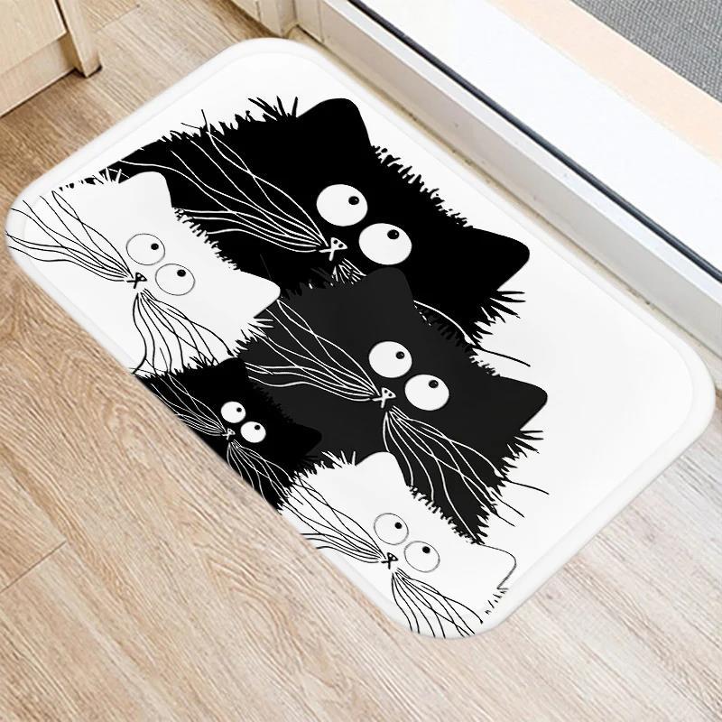 Cute Cartoon Cat Faces Carpet Black White Happy New Year Kawaii Minimalist Home Decoration Mat Rug Welcome Mat Door Floor Mat