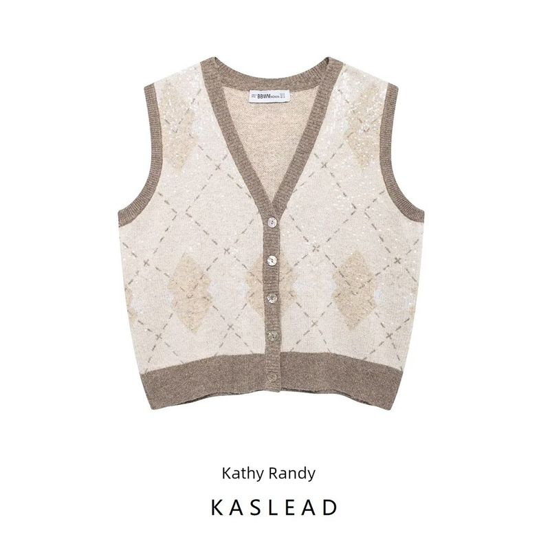 Kaslead New Arrival Women's Clothing Fashion Style Beads Decoration Diamond Pattern Knitting Vest Style Tops 3920191