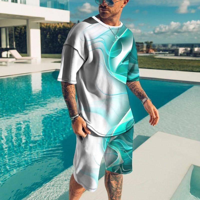 New Fashion T-shirt and Shorts Set Street Men's Clothing Men's Set 3D Short Sleeve Loose Casual Colorful Line Printing Suit