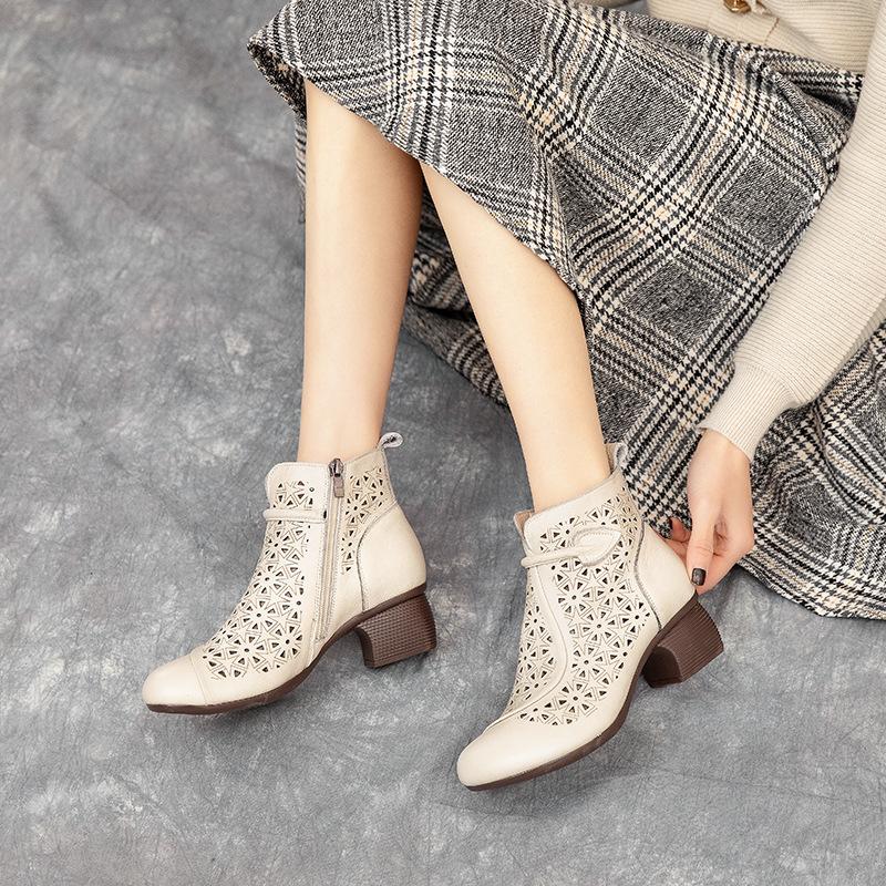 Johnature Hollow Out Boots Genuine Leather Retro Ethnic Style Soft Sole Thick Heel Breathable Women's Shoes