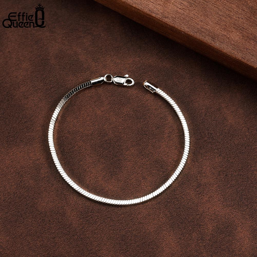 EFFIE QUEEN 925 Sterling Silver Simple 2MM Snake Chain Bracelet DIY Charm Party Gift Fashion Square Snake Chain Bracelet SB221
