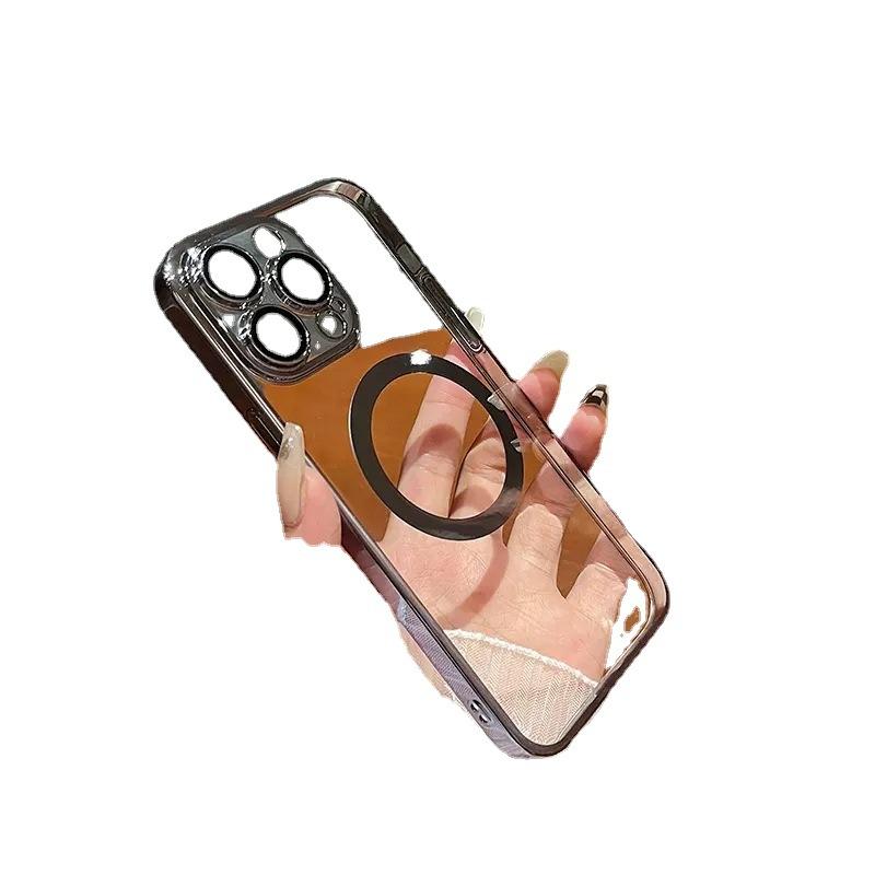 Applicable to iPhone16Promax crystal transparent magnetic suction hard mobile phone case Apple 15 with its own lens film 13 protective case 11