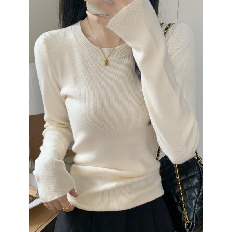 Solid color slim-fitting simple top women's knitted sweater spring, autumn and winter temperament with long-sleeved thin bottoming shirt