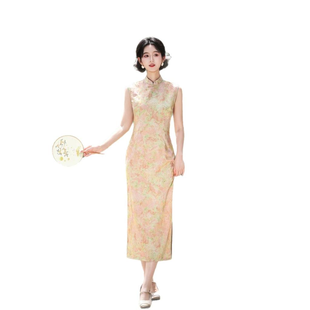 1011 summer new floating cotton cheongsam national style thin retro slim long sleeveless wedding dress